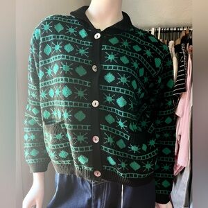 1980s Vintage Brooks Brothers Black and Teal Fair Isle Cardigan Sweater